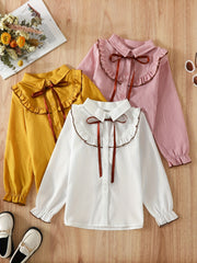 Girls Preppy Shirt Ruffle Trim Turn Down Collar Striped Blouse Top