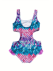 Girls Swimsuit Gradient Fish Scale Graphic Quick Dry Halter Sleeveless Swimwear