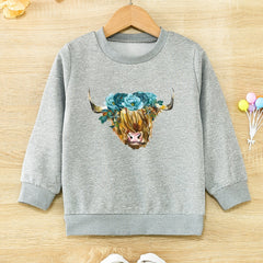 Floral Cow Graphic Girls Round Neck Sweatshirt