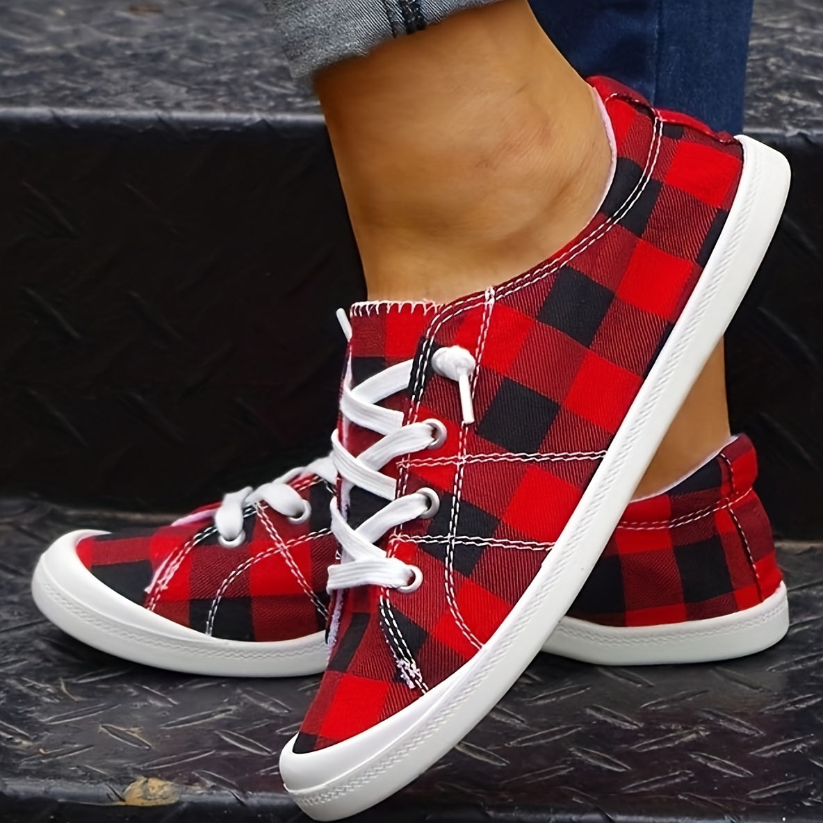 Plaid Pattern Non-slip Flat Shoes Women's Casual Lace Up Sport Shoes