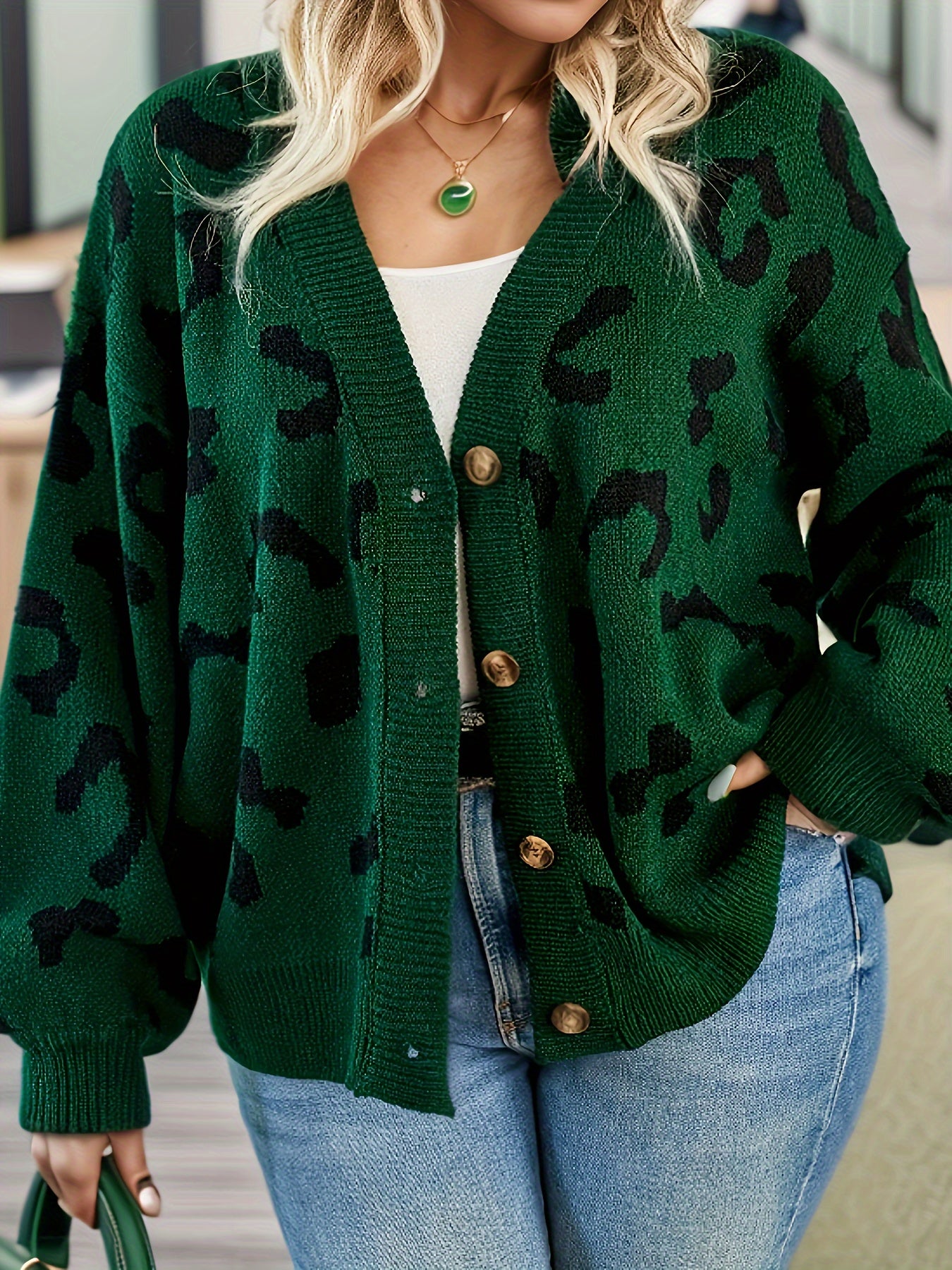 Leopard Pattern Long Sleeve Button Up Sweater Cardigan