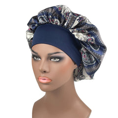 Printed Wide Ribbon Hair Cap Satin Bonnet for Women
