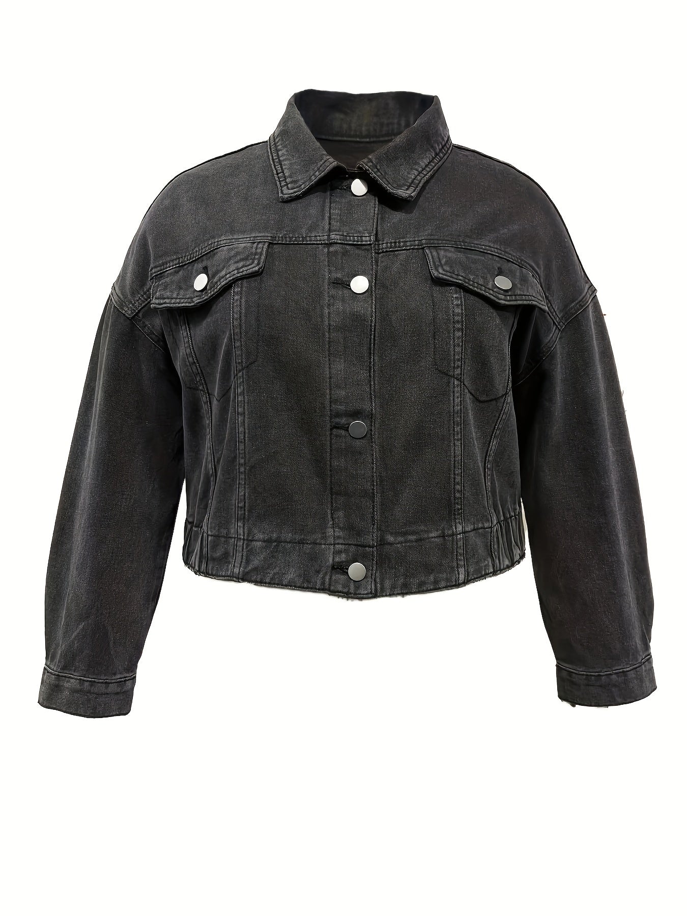 Casual Denim Top Women's Plus Solid Button Up Long Sleeve Denim Jacket