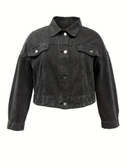 Casual Denim Top Women's Plus Solid Button Up Long Sleeve Denim Jacket