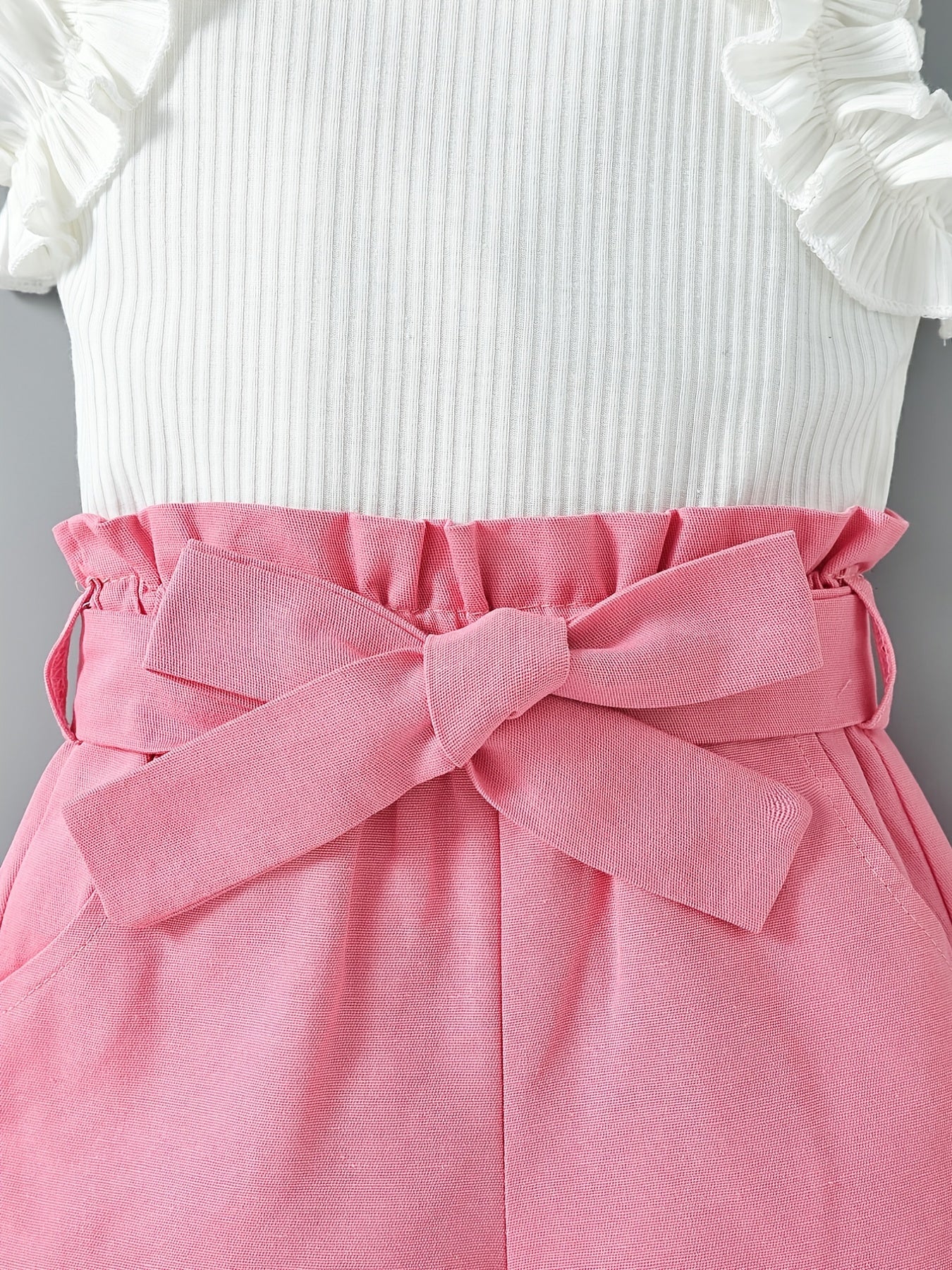 2pcs Toddler Girls Ruffle Top & Belted Shorts Set Kids Summer Clothes