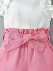 2pcs Toddler Girls Ruffle Top & Belted Shorts Set Kids Summer Clothes