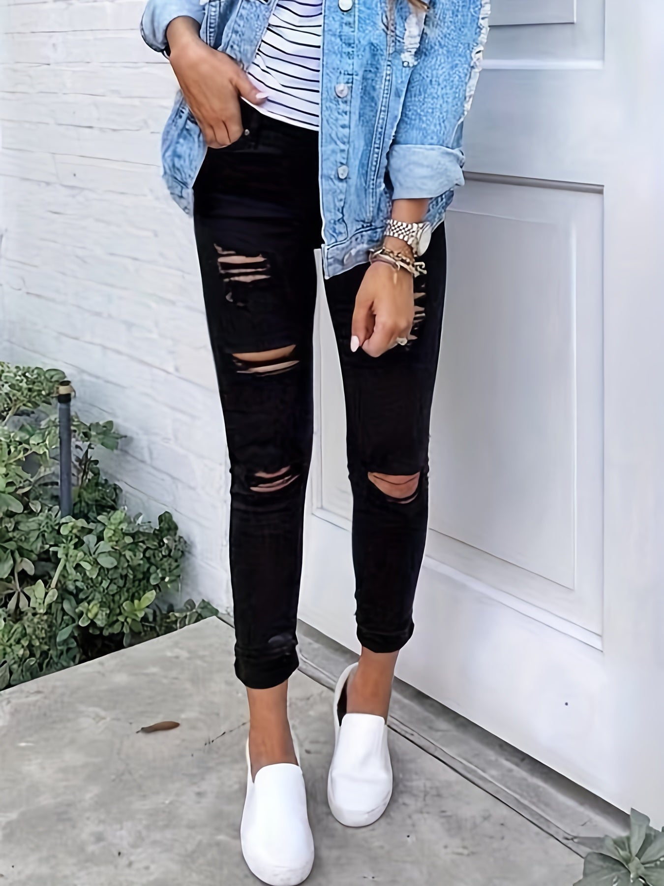 Ripped Holes Skinny Jeans Slim Fit Slash Pockets Slight Stretch Casual Denim Pan