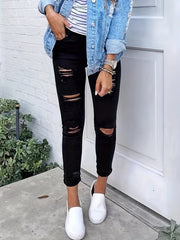 Ripped Holes Skinny Jeans Slim Fit Slash Pockets Slight Stretch Casual Denim Pan