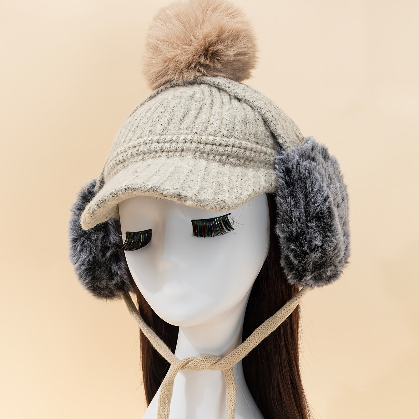 Beige Pompom Baseball Cap Winter Knit Hat With Earmuffs