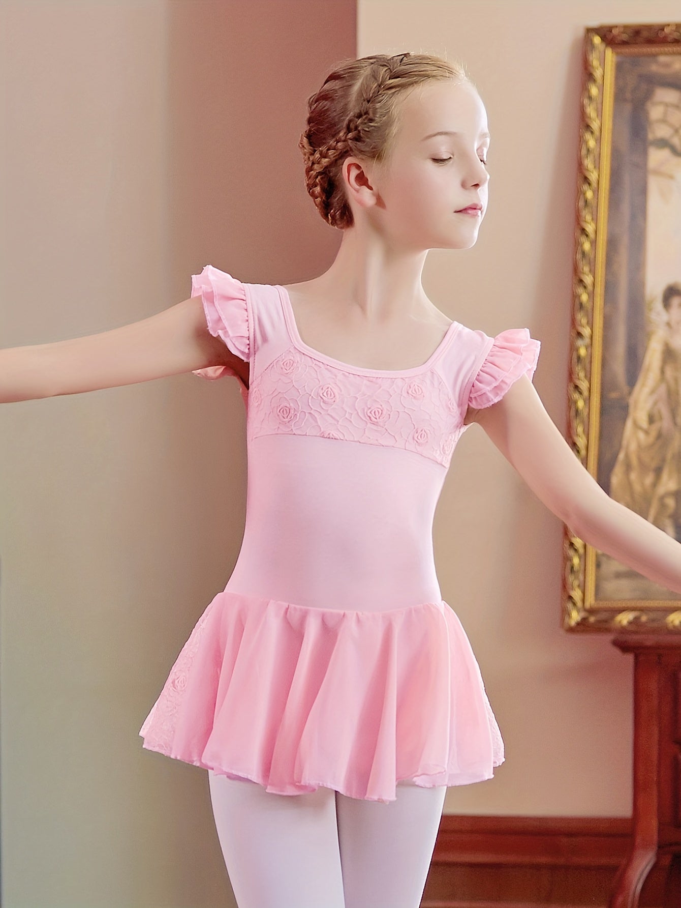 Girls 93 6 Cotton Short Sleeve Leotard Ruffle Trim Dance Suit