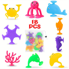 18 Pcs Ocean Animals Sucker Toys With Mesh Bag Storage