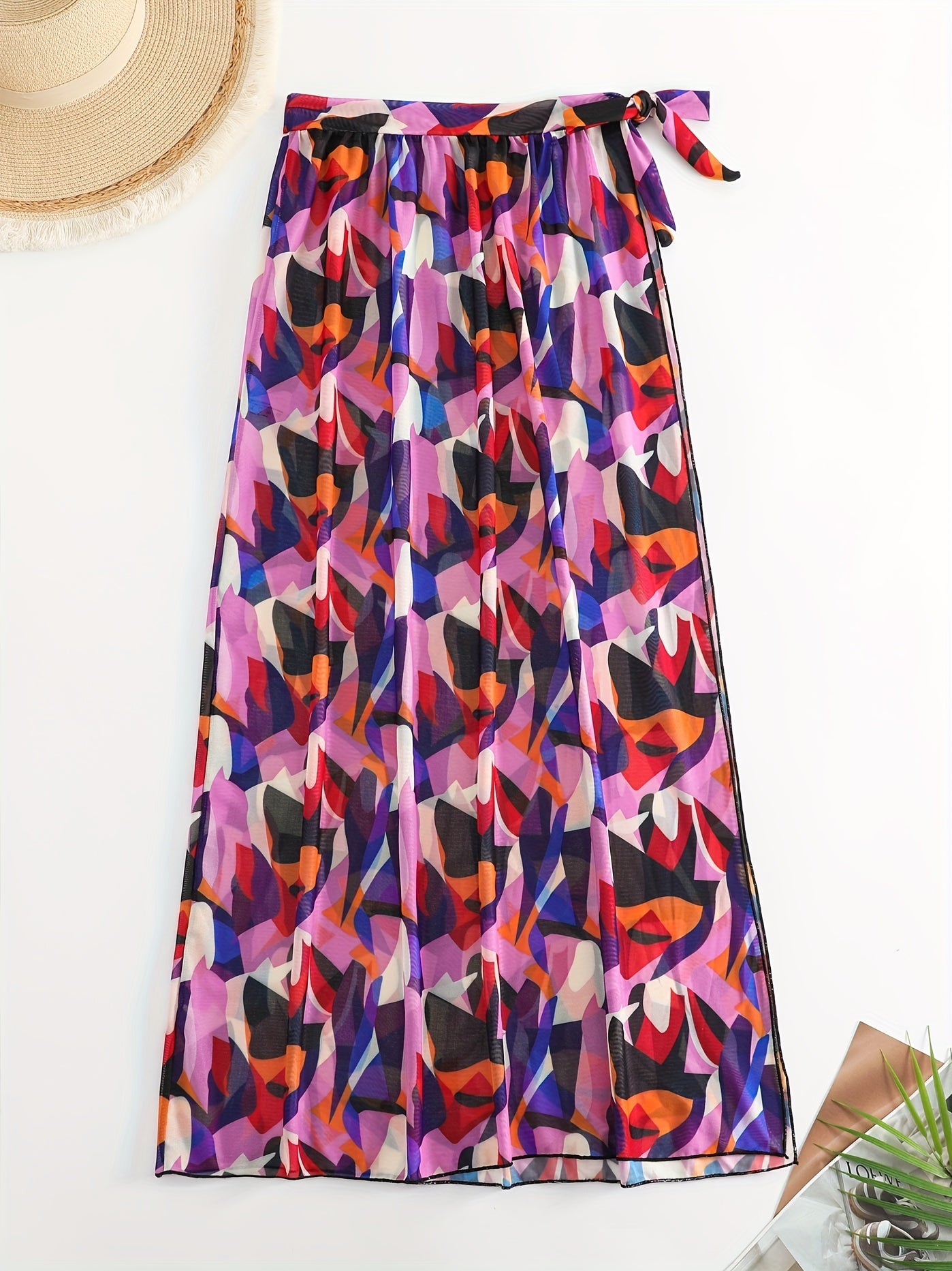 Geometric Print Tie Side Split Cover Up Skirt Semi Sheer Mesh Maxi Beach Wrap