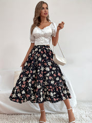 Boho Floral Print Tiered Skirts High Waist