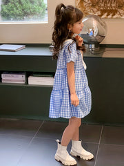 Girls Plaid Dress Short Sleeve Casual Cotton Kids Summer Clothing