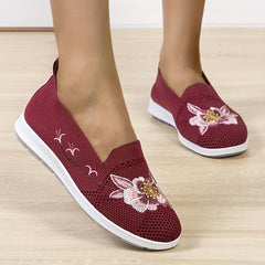 Women's Floral Embroidery Slip-On Flats Breathable Knitted Shoes