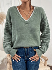 Lace V Neck Pullover Sweater Casual Long Sleeve Drop Shoulder Sweater