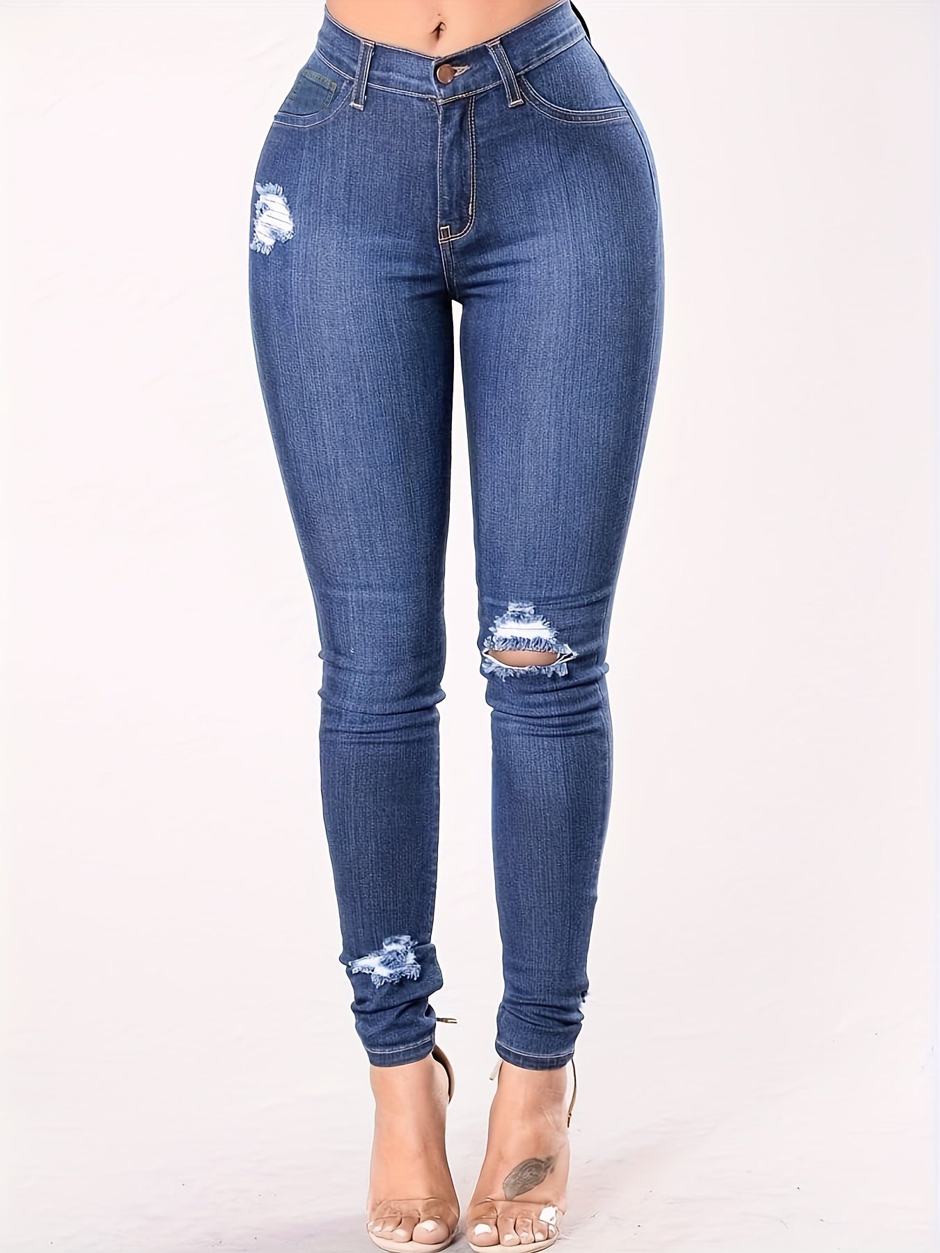 Ripped High Rise Skinny Jeans With Pockets
