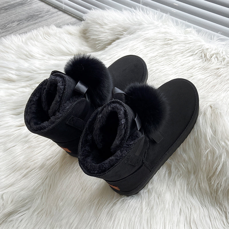 Plush Snow Boots Round Toe Bowknot Ankle Boots Women's Footwear