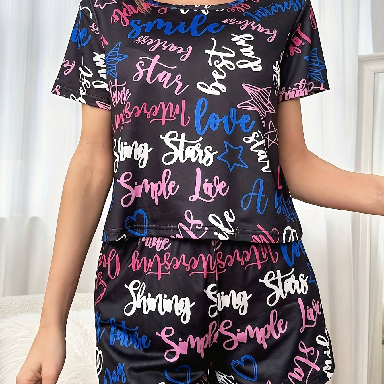 Letter Print Lounge Set Short Sleeve Crew Neck Top & Elastic Waistband Shorts