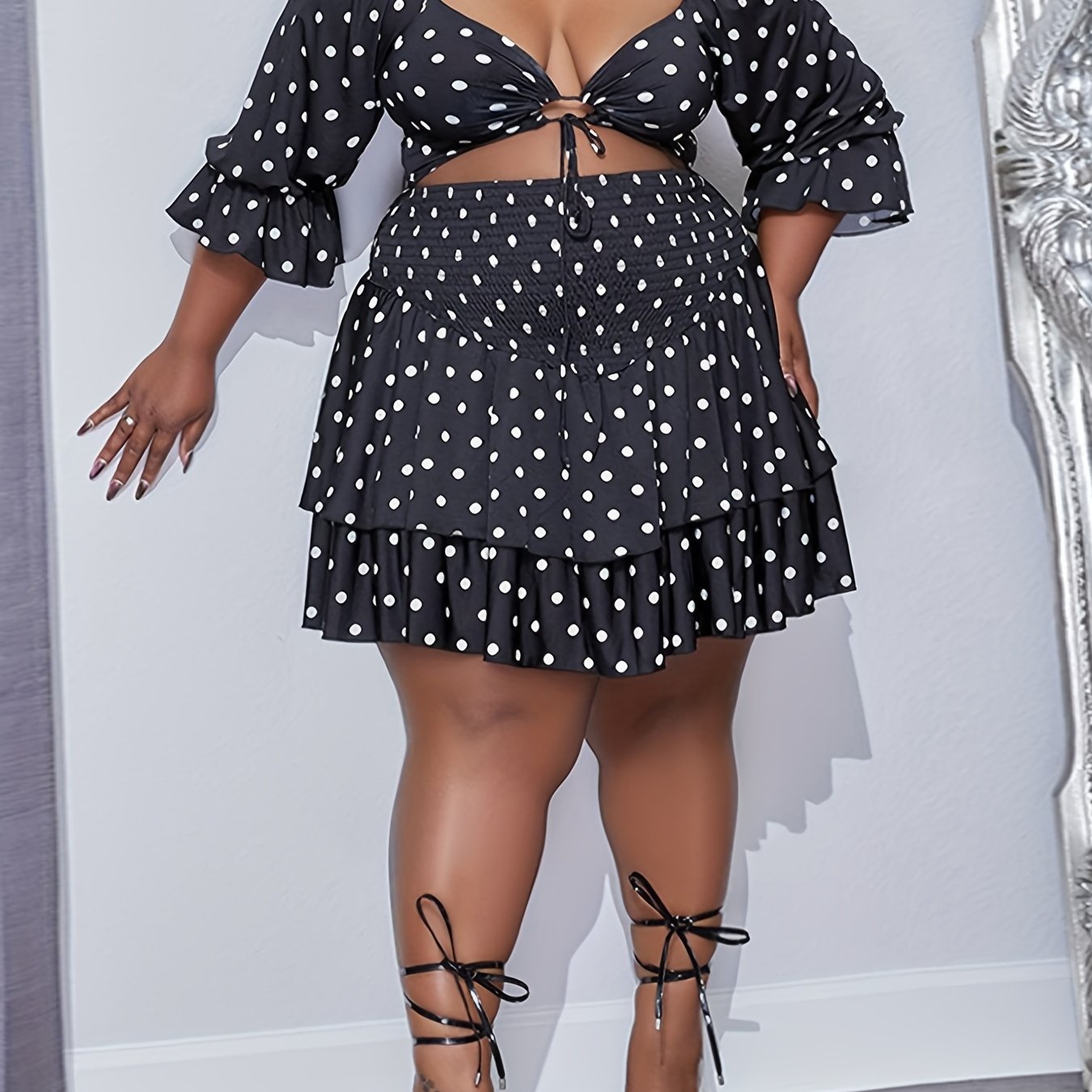 Polka Dot Ruffle Trim Crop Top & Shirred Waist Set