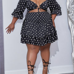 Polka Dot Ruffle Trim Crop Top & Shirred Waist Set