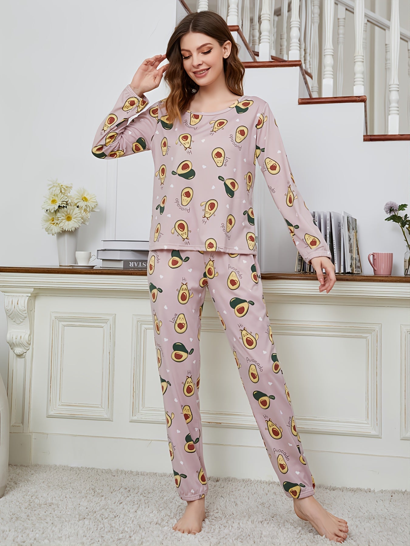 Cartoon Avocado Pattern Pajama Set Long Sleeve Round Neck Tops & Pants