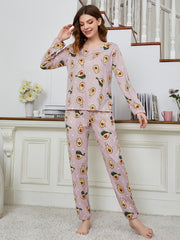 Cartoon Avocado Pattern Pajama Set Long Sleeve Round Neck Tops & Pants