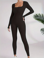 Long Sleeve Yoga Bodysuit Thumb Hole Square Neck Sports Jumpsuit