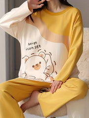 Bear Print Pajama Set Long Sleeve Top & Pants Women's Sleepwear