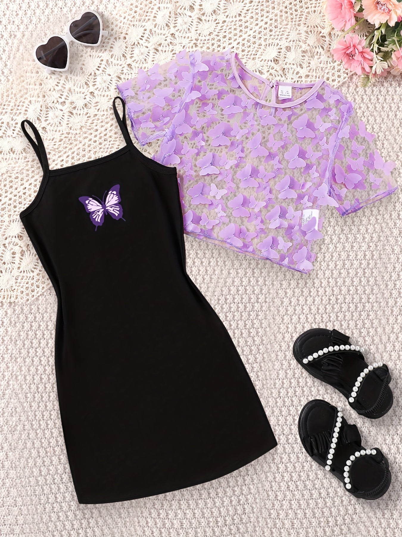 2pcs Toddler Girls Butterfly Graphic Dress & Top Set For Party Beach Vacation