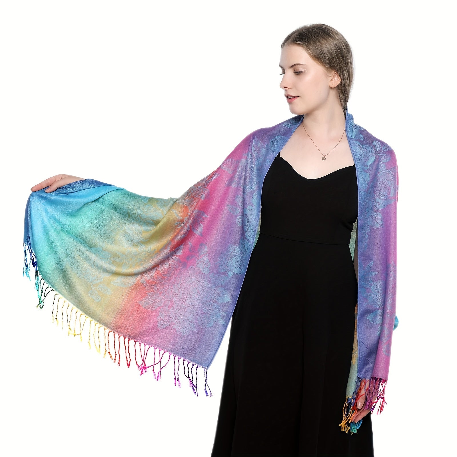 Gradient Fringed Scarf Long Print Warm Shawl Sunscreen Satin Shawl Wraps
