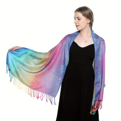 Gradient Fringed Scarf Long Print Warm Shawl Sunscreen Satin Shawl Wraps