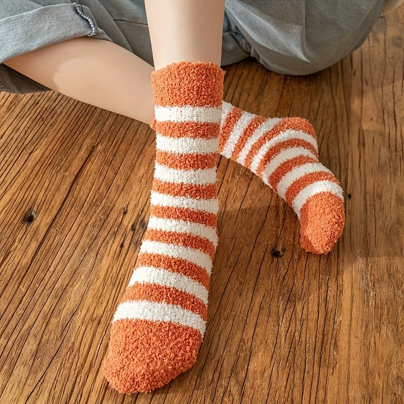 6 Pairs Striped Print Fuzzy Socks Comfy & Warm Mid Tube Socks