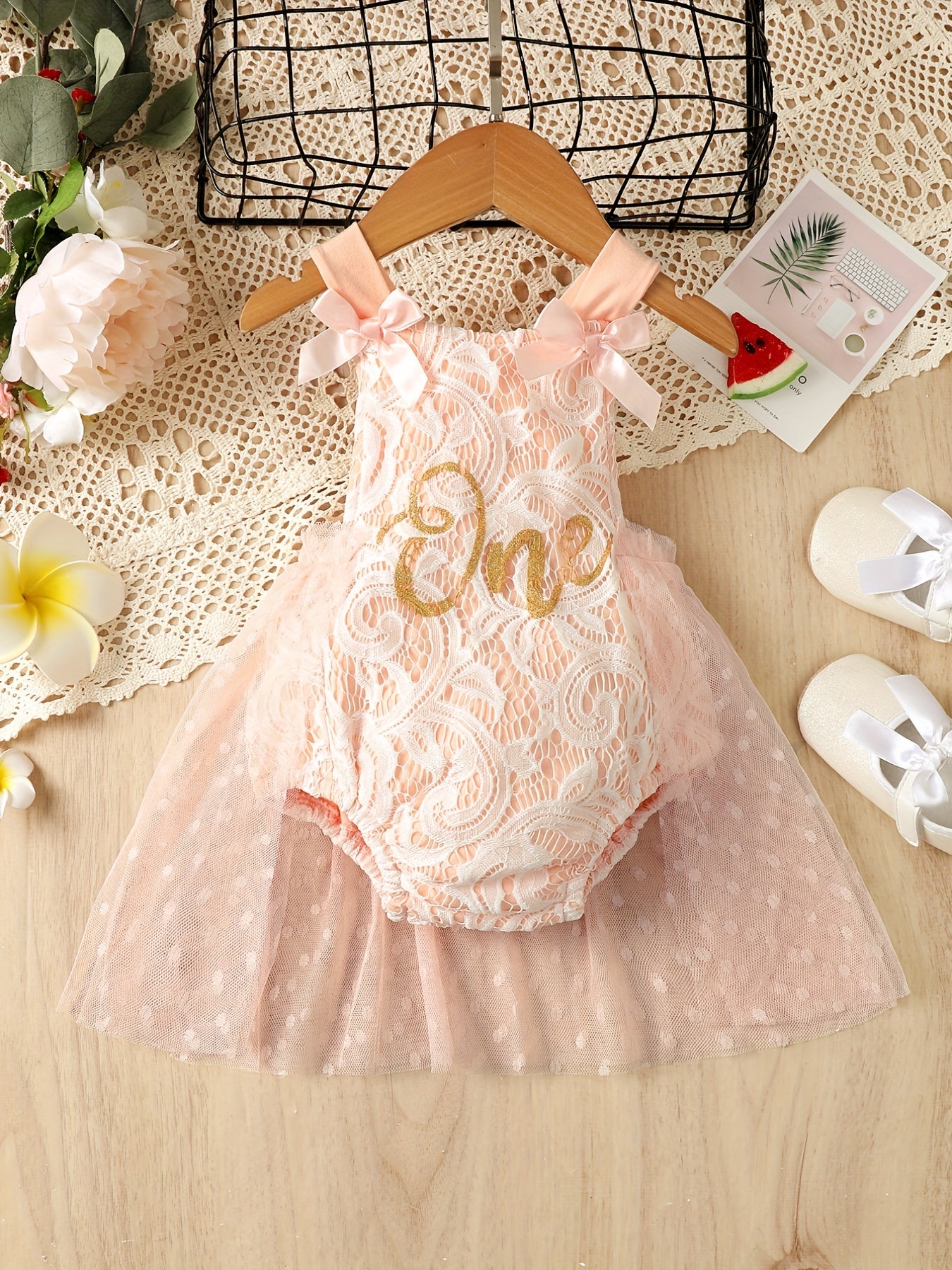 Baby Girls Lace Bowknot Mesh Onesie Dress Clothes