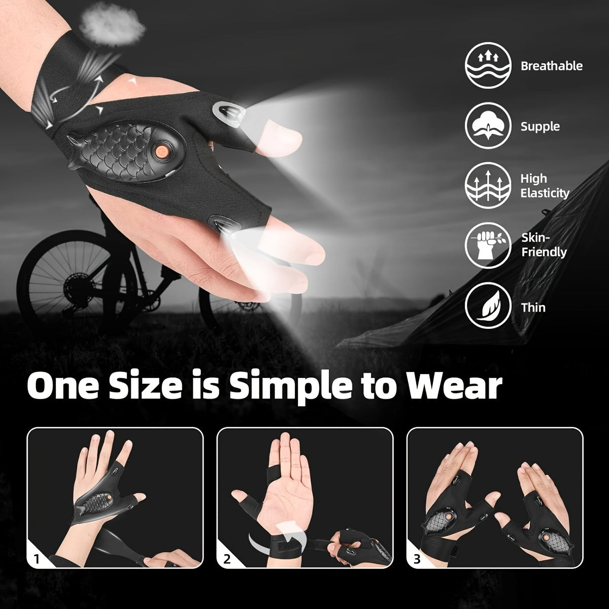 Waterproof LED Light Fingerless Glove USB Rechargeable