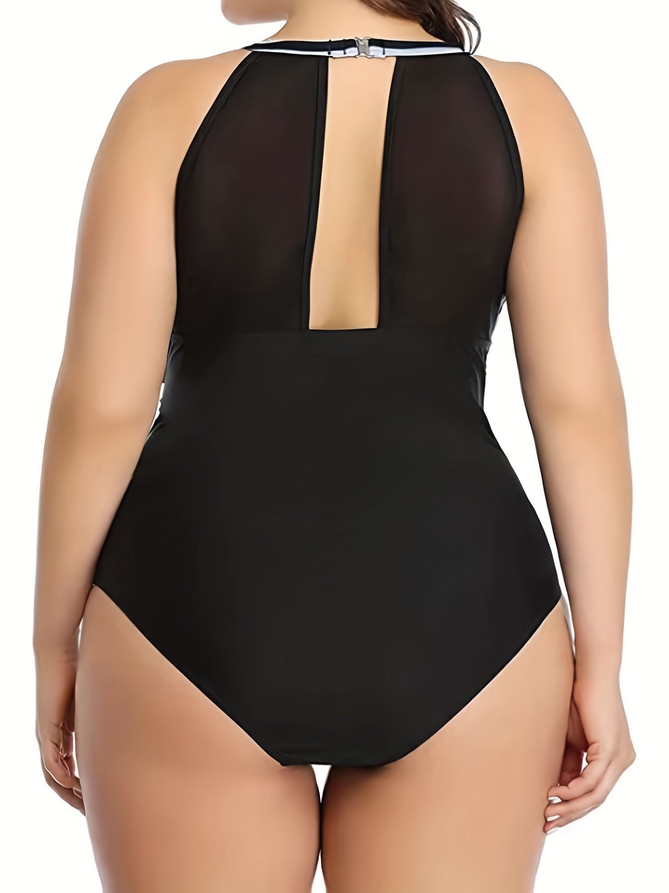 Colorblock Striped Mesh High Neck One Piece Swimsuit