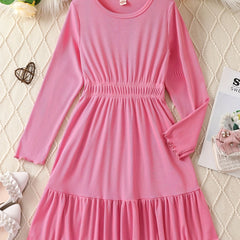 Kid Girls Stretch Rib Knit Long Sleeve Tunic Dress for Party Daily Casual Dress