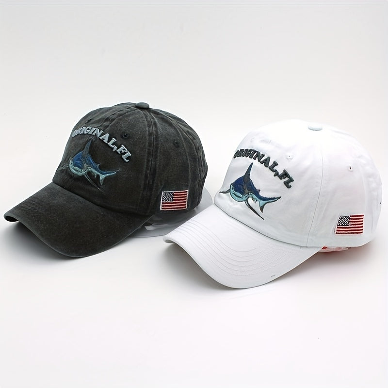 Shark Embroidery Baseball Cap Vintage Washed Adjustable Dad Hats