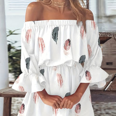 Feather Print Off Shoulder Bubble Sleeve Plus Size Dress