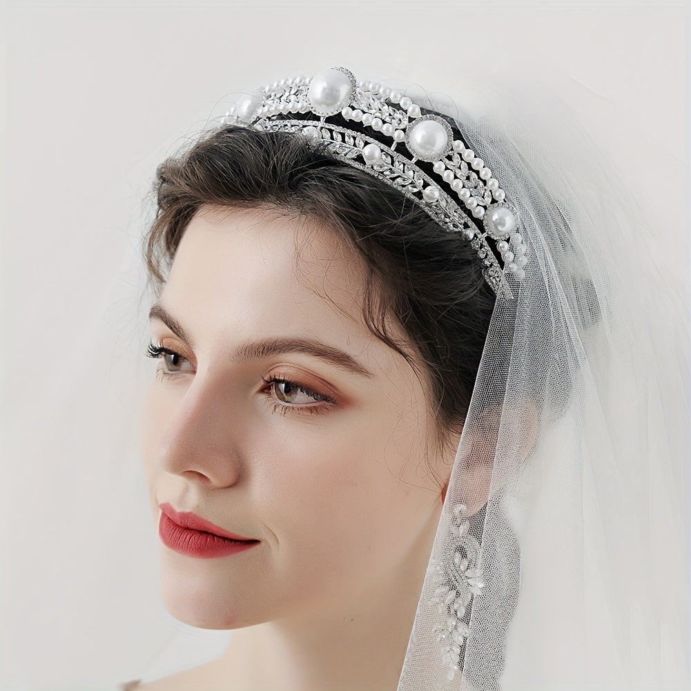 Crown Charm Hair Band Rhinestone & Pearl Headband for Bridal Wedding