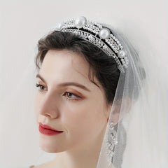 Crown Charm Hair Band Rhinestone & Pearl Headband for Bridal Wedding