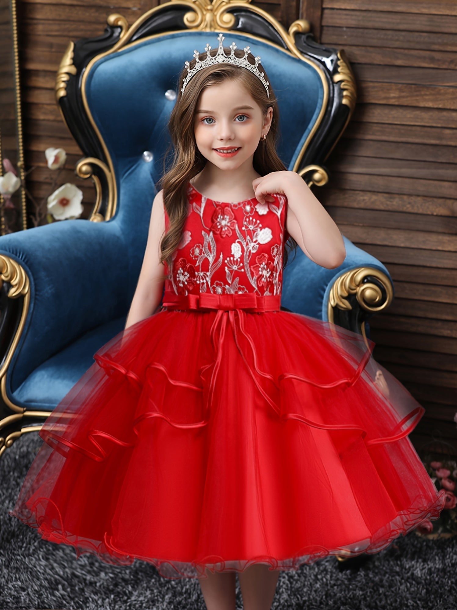 Girls Princess Dress Sleeveless Flower Embroidery Mesh Tutu Dress