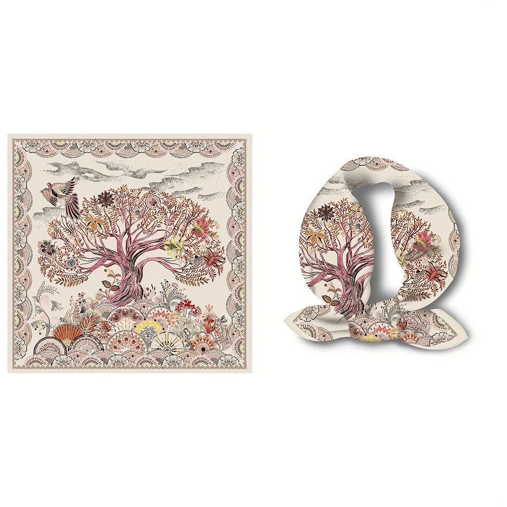 Vintage Tree Print Bandana Beige Square Scarf Boho Satin Neckerchief
