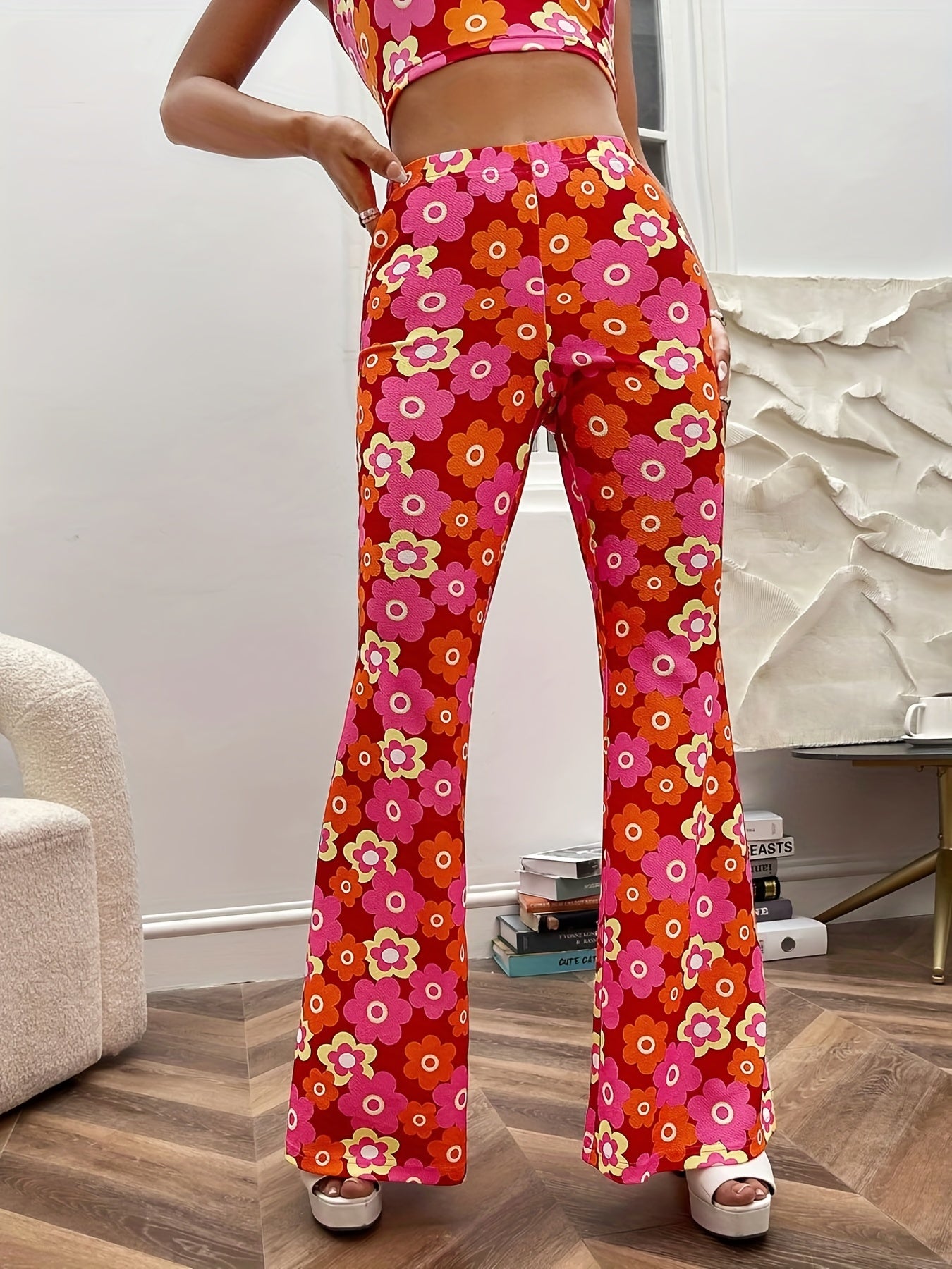 Floral Print High Waist Flare Leg Pants Elastic Waist Pants