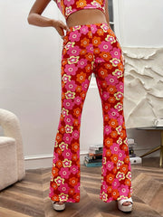 Floral Print High Waist Flare Leg Pants Elastic Waist Pants