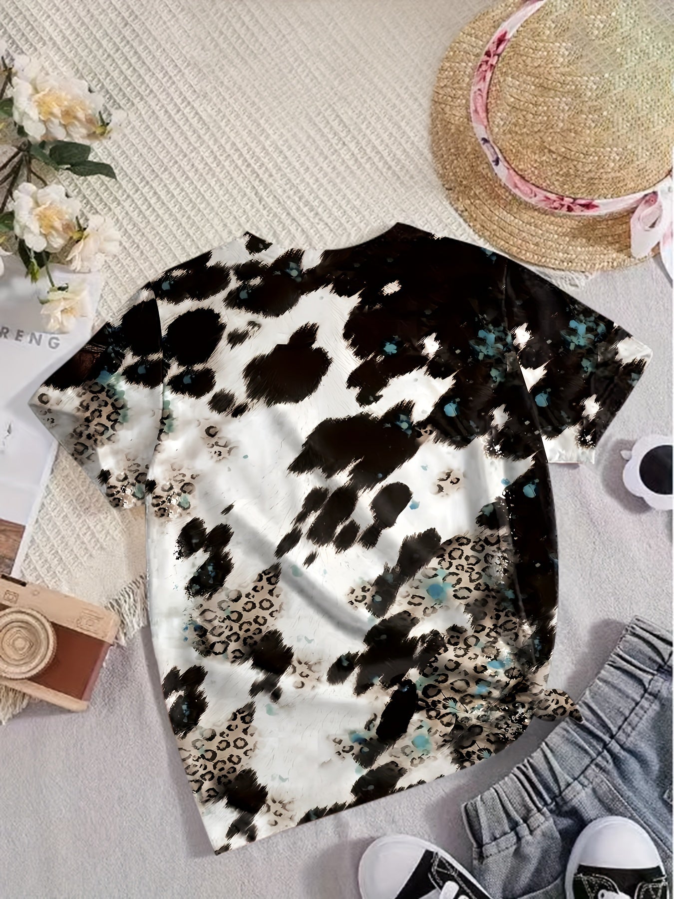 Girls Leopard Print T shirt Spread Kindness Short Sleeve Top