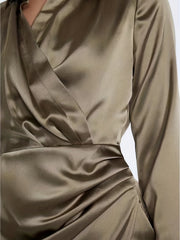 Solid Surplice Neck Long Sleeve Dress Mini Dress