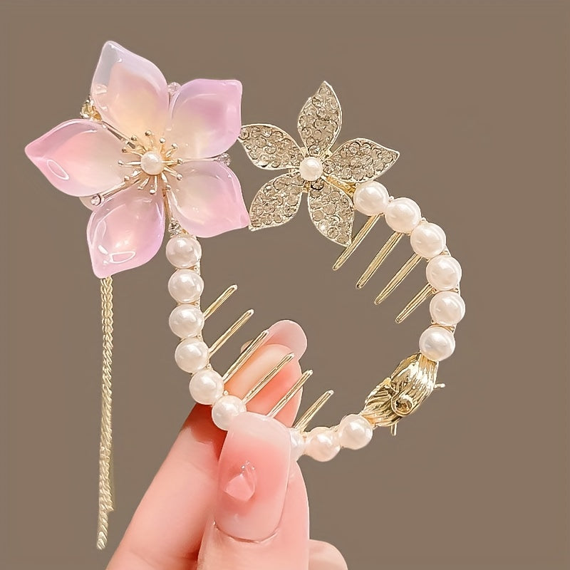 Girl's Flower Tassel Pearl Ponytail Buckle Hair Clip