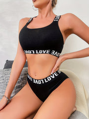 Letter Print Bra & Panties Set Criss Cross Back Women's Lingerie
