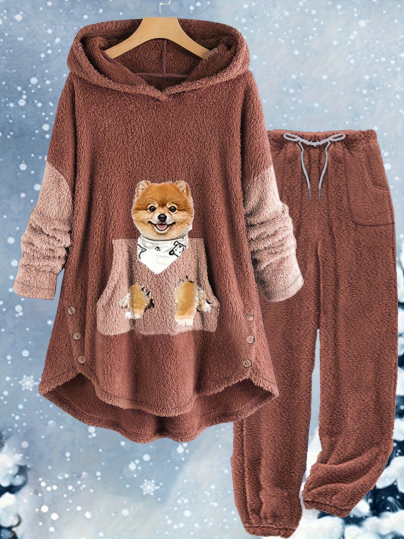 Dog Print Fleece Hoodie & Pants Set